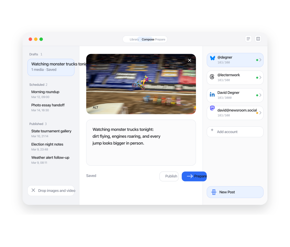 Lectern workspace with a monster truck photo and caption ready to publish.